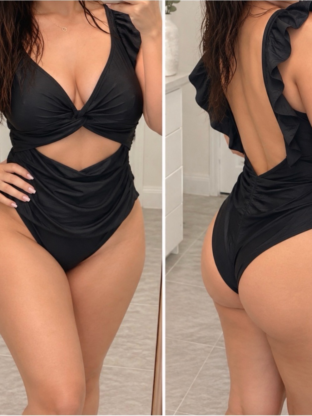 Black Ruffle Strap Twist-Cutout One-Piece Swimsuit